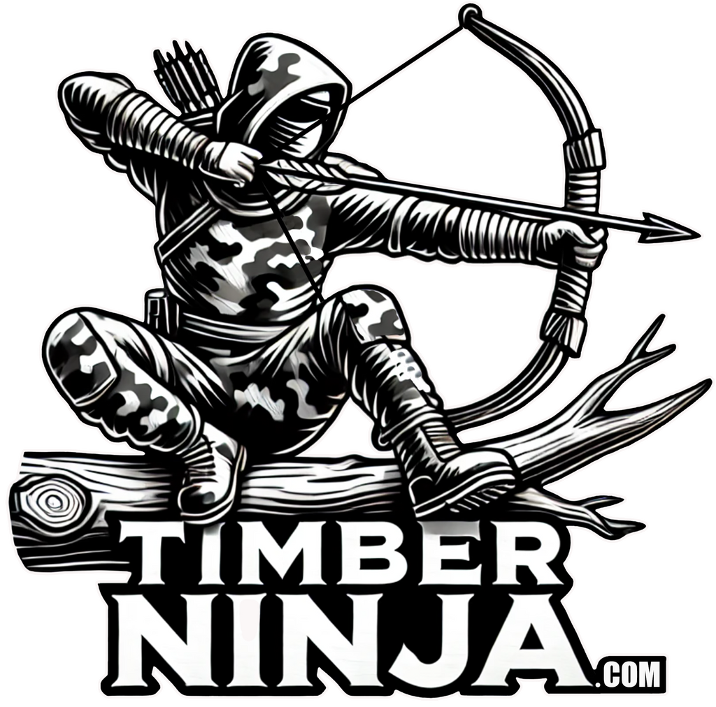 6.75" x 6.75" Window decal of a 'Timber Ninja' design with a person in camouflage gear with a bow and arrow on a white background.