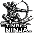 6.75" x 6.75" Window decal of a 'Timber Ninja' design with a person in camouflage gear with a bow and arrow on a white background.